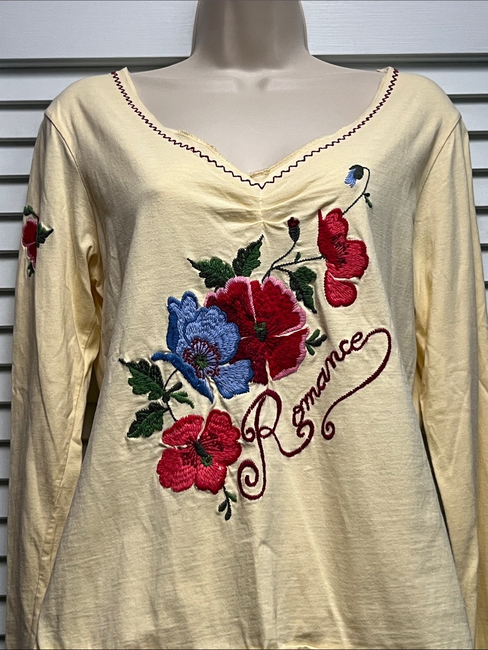 Romance Embroidered V-Neck Long Sleeve Top - Cream with Red & Blue Floral